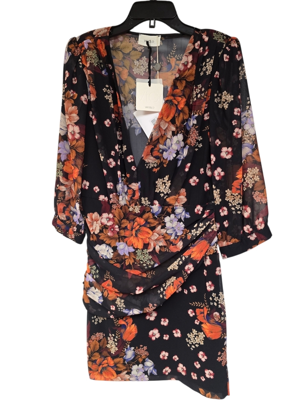 Vicolo Black Floral Wrap Mini Dress